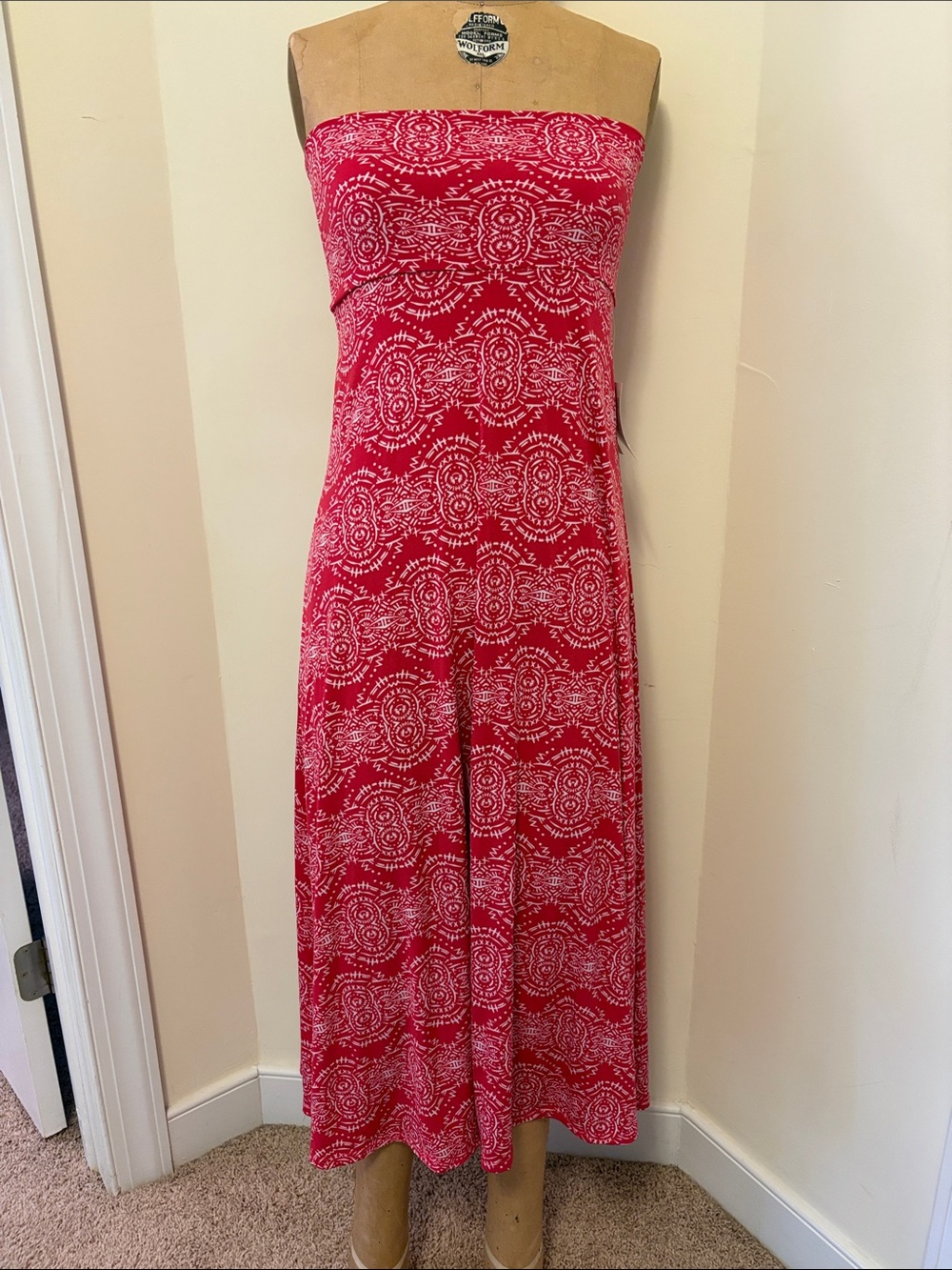 LuLaRoe Strapless Red and White Printed Maxi Dress